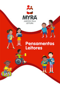 Capa do caderno Myra para estudante com a ilustração de crianças diversas com livros nas mãos. Há o texto: "Pensamentos leitores".